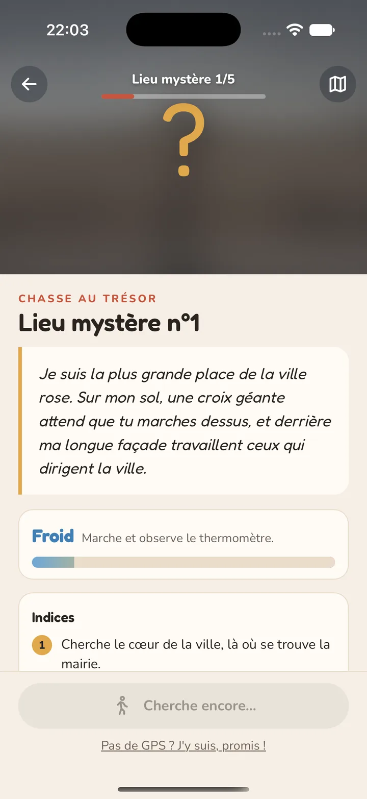 Chasse au trésor : un lieu mystère avec son énigme et le thermomètre chaud-froid