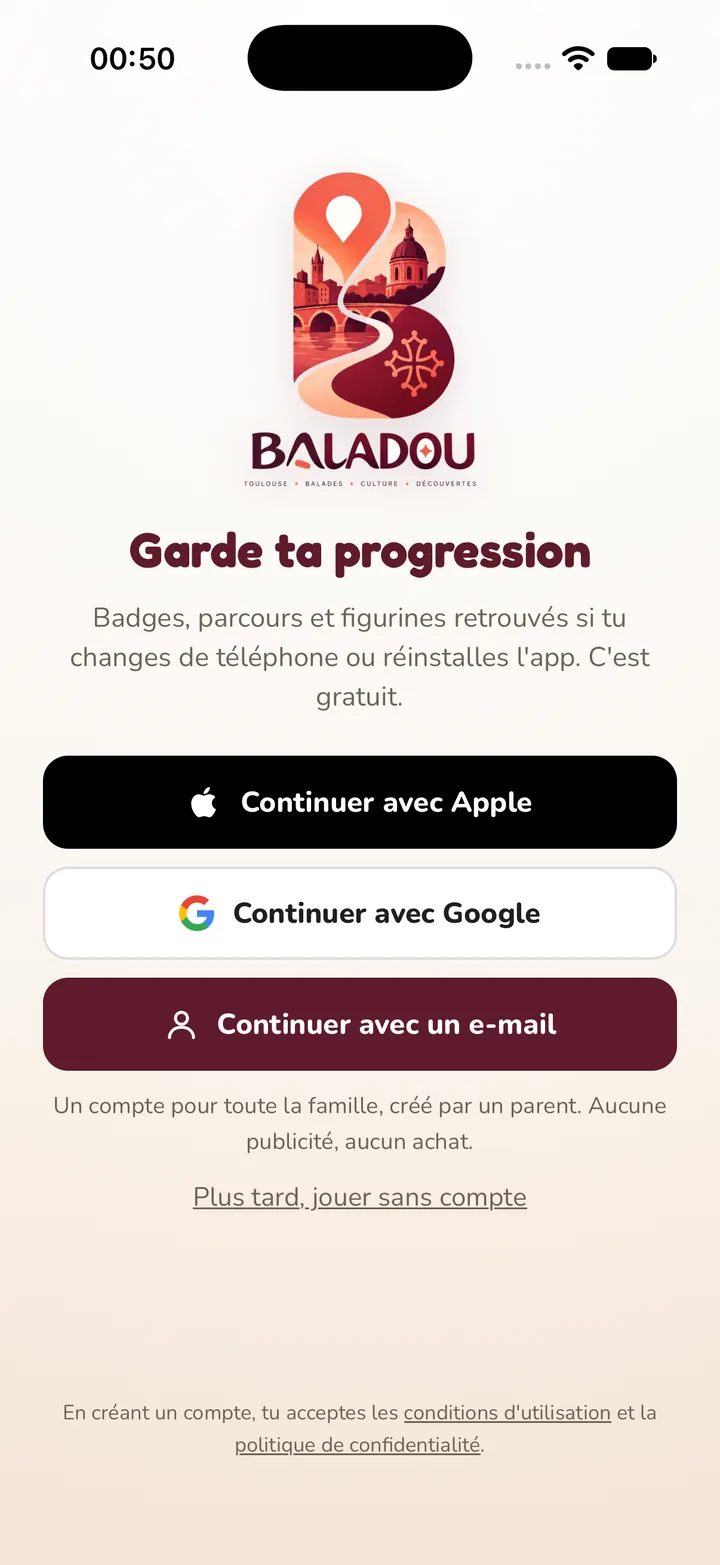 Écran du profil : progression sauvegardée et réglages du compte