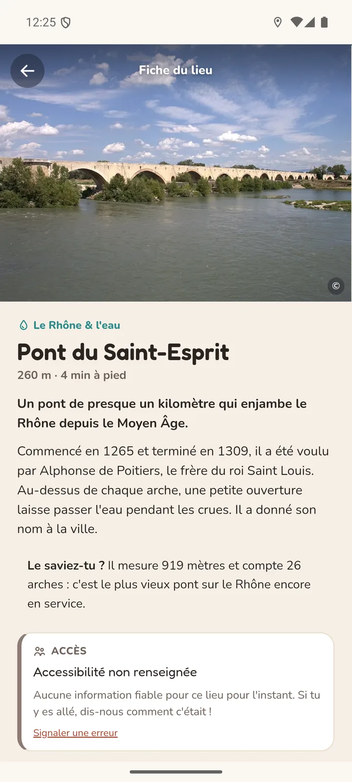 Fiche du Pont du Saint-Esprit dans l'app : photo, collection « Le Rhône & l'eau », histoire et « Le saviez-tu ? »