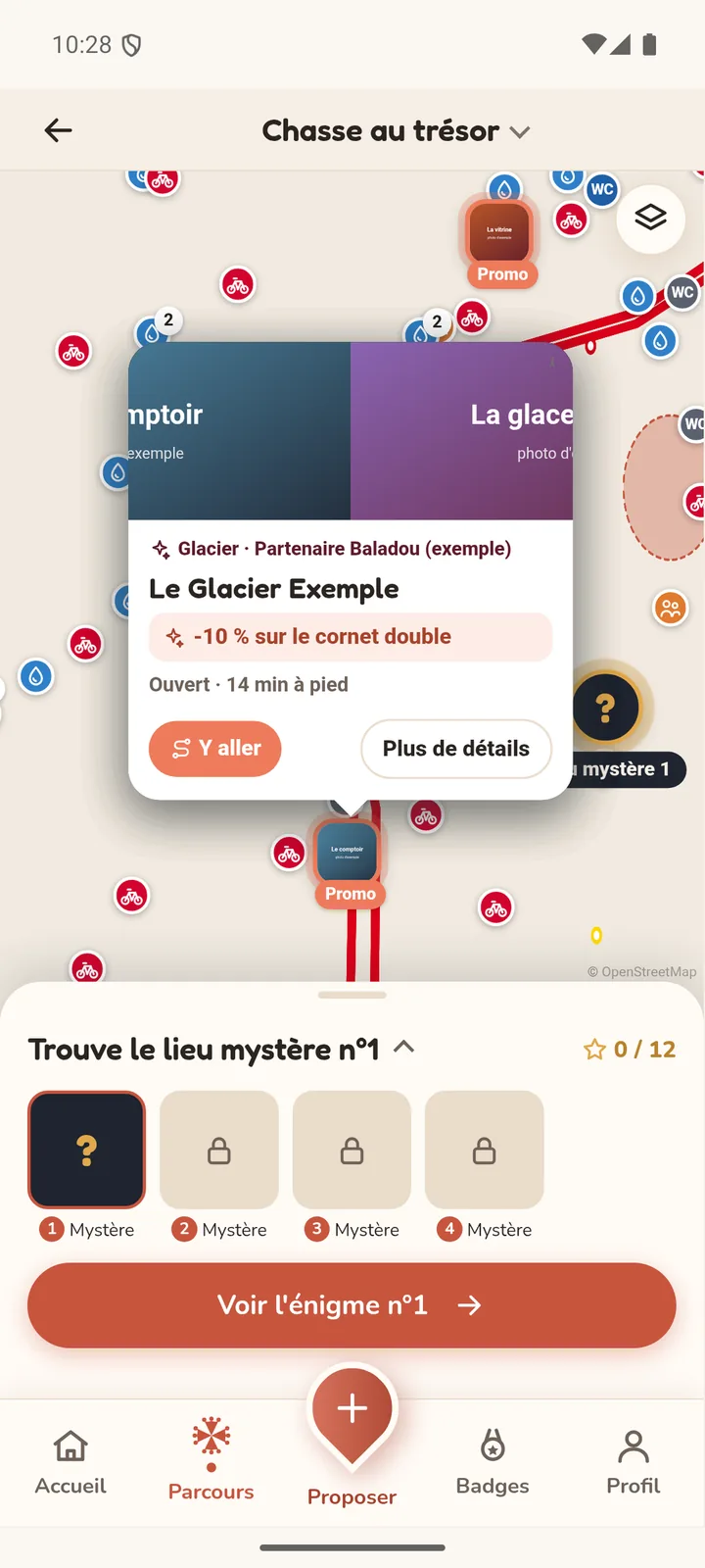 Carte Baladou avec la fiche d'un glacier partenaire et son offre (commerce fictif)